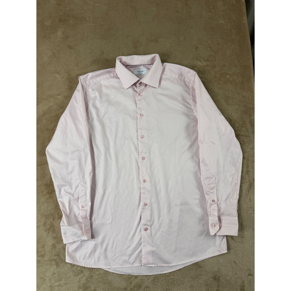 Eton Contemporary Fit Dress Shirt Mens Size 44 17 1/2 Pink Dobby‎ Cotton EUC